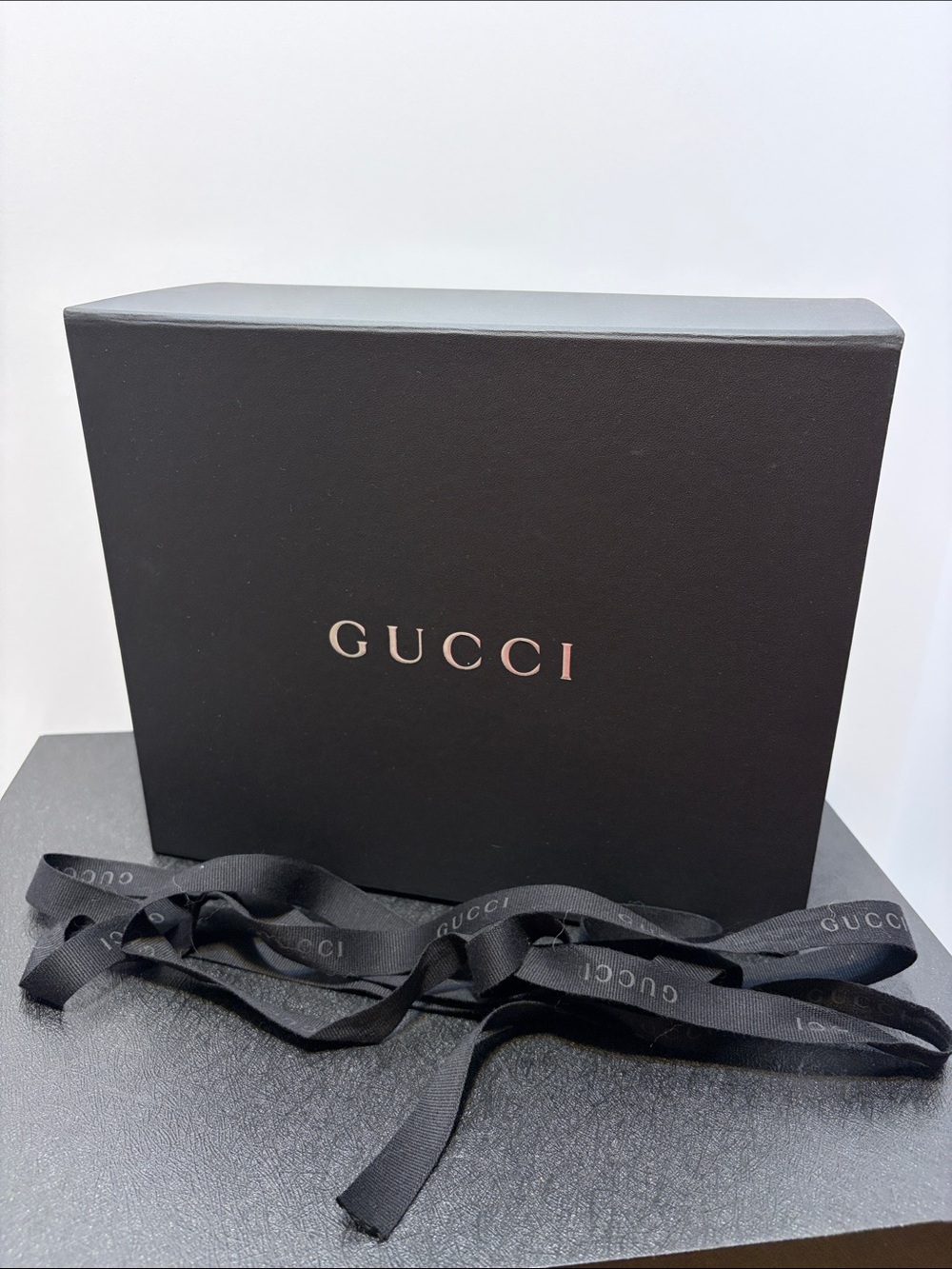 Gucci Black Logo Gift Box with Branded Black Ribbon - 10 1/2 x 4 1/2 x 9 inches